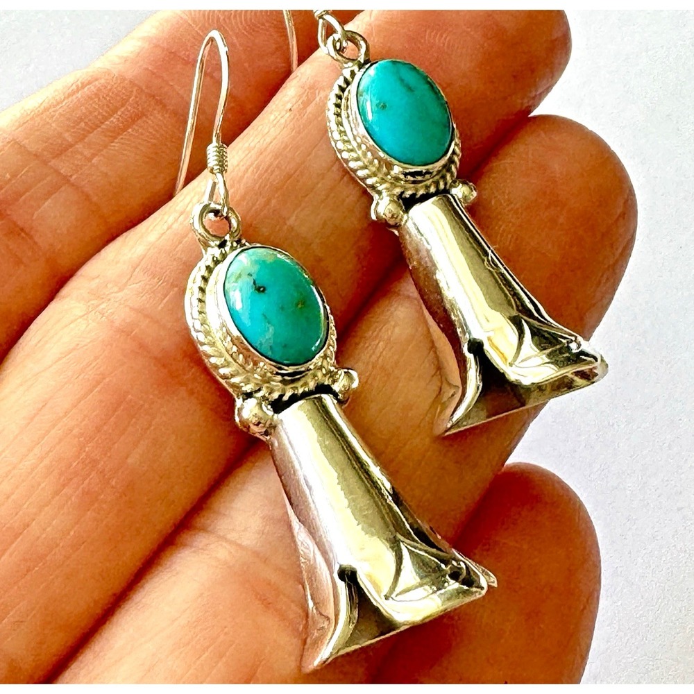 Navajo Turquoise Earrings Squash Blossom 1.75in Sterling 925 Native Amer Hook